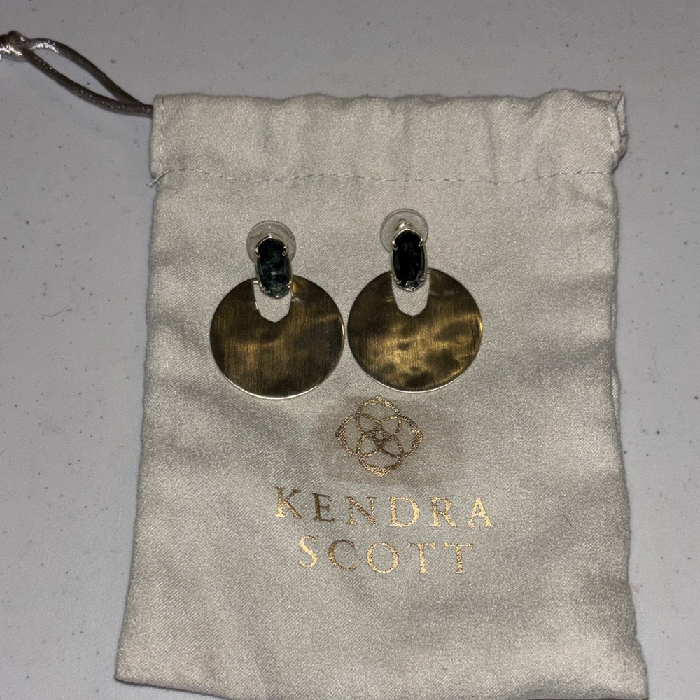 Kendra Scott Gold Circle Earrings with green/black stone